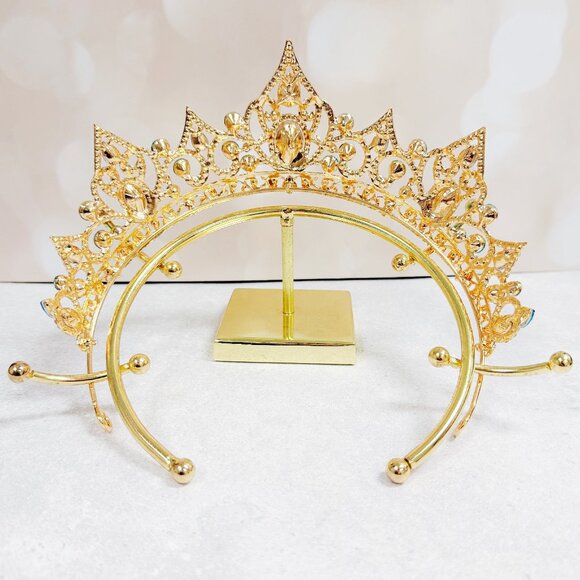 Gold crystal tiara, blue crystal crown, birthday princess tiara, vintage crown